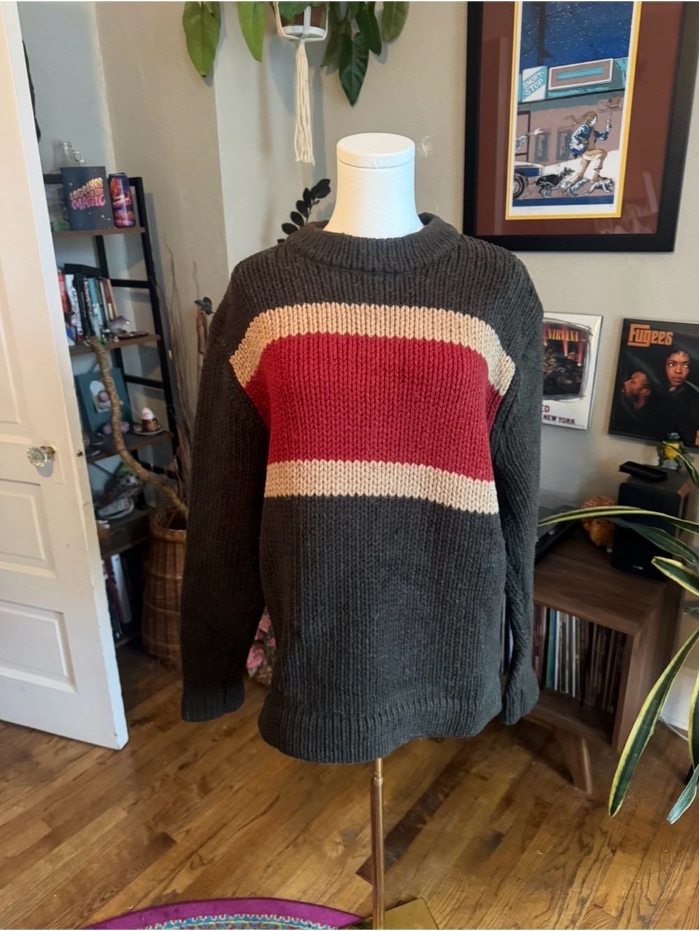 American Eagle Outfitters Dark Gray Crewneck Sweater with Red & Cream Stripes